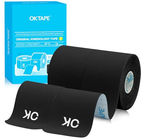 OK TAPE Kinesiologie Tape Pre-cut, 25 cm lang und 5 cm breit, 40 Strips, Physio Tape und Sport Tape for Injuries and Pain,Elastic and Skin-Friendly Muscle Tape (2 Rollen,Schwarz)