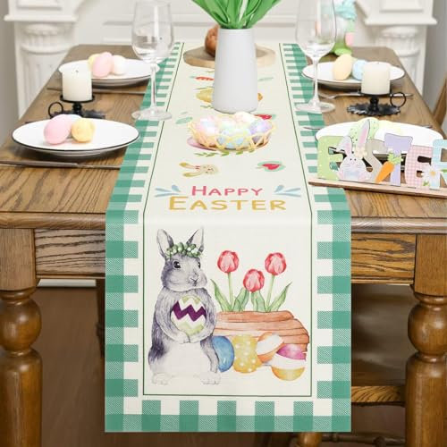 Ostern Tischläufer, Ostereier Kaninchen Karotte Hasen Blumen Ostertischläufer mit Hase Osterei Muster Ostern-Tischläufer Frühling Osterparty Tischdekoration für drinnen und draußen Esstisch 72x13 Zoll