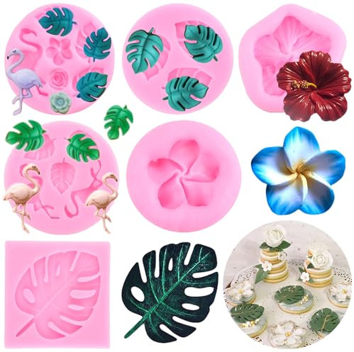 RFGHAC Lot de 6 moules en silicone en forme de feuille tropicale de flamant rose, hibiscus, pour fondant, feuilles de palmier, chocolat, bonbons, décoration de cupcakes, pâte à sucre, pâte polymère
