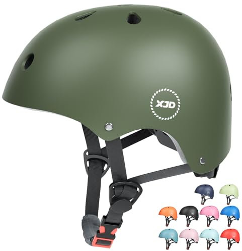 XJD Fahrradhelm Kinder Jugend Kinderhelm Einstellbare Skateboard Helm Skaterhelm für Fahrrad Skateboard Scooter Roller Kinderfahrradhelm für 3-13 Alt Mädchen und Jungen (M: 55-58 cm, Olivgrün)