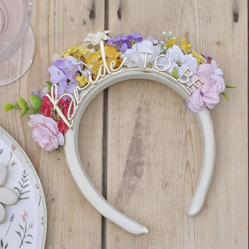 Ginger Ray Gold 'Bride to Be' Floral Headband with Faux Flowers and Foliage Hen Party Wearable, Multicoloured, M