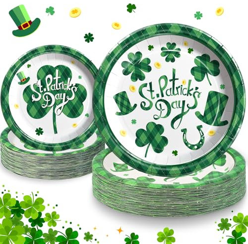 St.Patrick's Day Pappteller Set 40 Stück, 23cm(9inch) und 18cm(7inch) Grünes Kleeblatt Lucky Day Einweg Papiergeschirr St.Patrick's Day Dessert Pappteller für Irische St.Patricks Party-20 Gäste