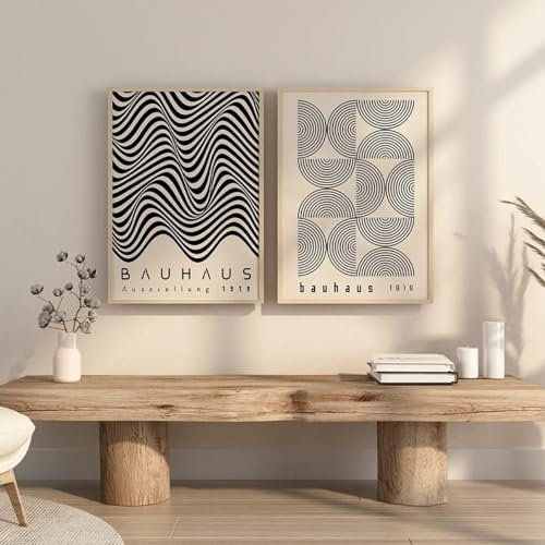 KemneT Bauhaus-Leinwandgemälde mit abstrakten schwarzen Linien Mitte des Jahrhunderts moderne Wand Bilder Vintage-Ausstellungsposter Kunstdrucke Bild Raumdekoration 50 x 70 cm x 2 ungerahmt