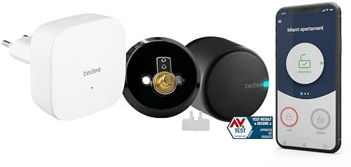 tedee GO Smart Lock with WiFi and Bluetooth Remote Access App, Deadbolt Smartlock with Alexa SmartThings Smart Home Automatic Unlocking, Black (Deadbolt Adapter + bar + Wi-Fi Bridge UK)