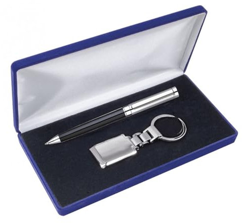 SILBERKANNE Exclusiver Set Kugelschreiber und Schlüsselanhänger Black Silber Plated versilbert in Premium Verarbeitung