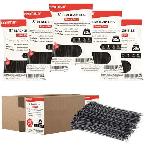 COMRUN 5000pcs 8Inch Black Cable Tie,Nylon Zip Ties,Industrial Grade,50 Pounds Tensile Strength,UV Resistant,Heavy Duty,for Home,Garden Trellis,Office,Garage and Workshop