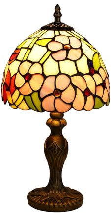 FUMAT Tiffany Kleine Tischlampe Tischlampeaus Buntglas mit Blume, Retro Deko Lampe Tischleuchte Nachttischlampe, Bunte Glas Lampenschirm 20x20X38cm