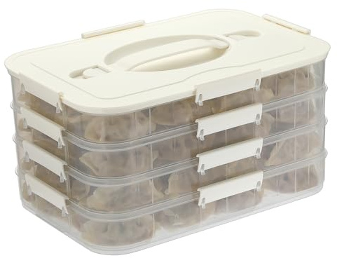 OGANAZI 4-layer Food Storage Container with lids&Handles, Stackable Plastic Food Storage Box for Refrigerator, Food Storage Bins Transparent for Dumplings, Cookies, Vegetables, Seafood (White)