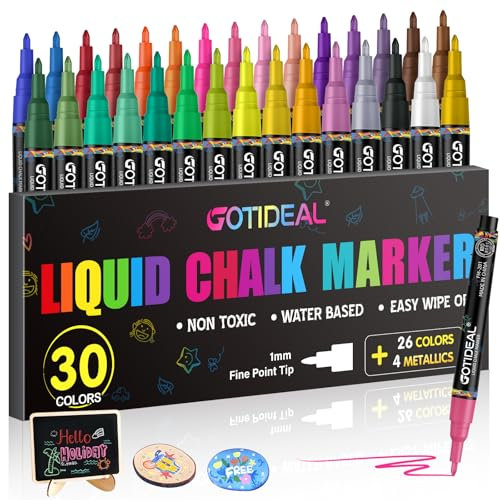 GOTIDEAL Pennarelli a gesso liquido, a punta fine, per lavagna, cancellabile, per lavagna, finestra, vetro e calendario acrilico, 1 mm, 30 colori
