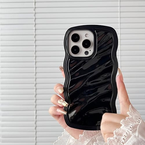 FABSPARK Case for iPhone 15 Pro,3D Wave Water Ripple Pattern Curly Wavy Frame Glossy Case,Protective for iPhone 15 Pro 6.1 Inch,Black