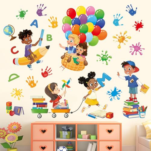 decalmile Pegatinas de Pared Globos Libros de Lectura Vinilos Decorativos Niños Letras Educación Adhesivos Pared Aula Habitación Infantiles Guardería