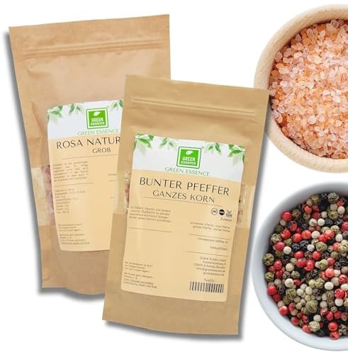 Salz und Pfeffer set für Mühle, Pfeffer & Salz-Vorrat von Green Essence | Bunte Pfeffer ganze Körner 500g & grob rosa Salt 1kg, für die Pfeffermühle & Salzmühle, 2er Set Vorratspak 1,5 Kilogramm