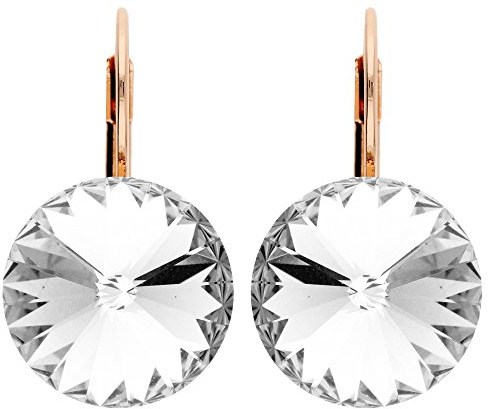 LÖB Brisur 750er Roségold Vergoldet Kristall Rund Weiß, Damen Ohrringe Hängend Ohrhänger Creolen Glitzer Strass Stein Elegant Groß Rose Gold Schmuck