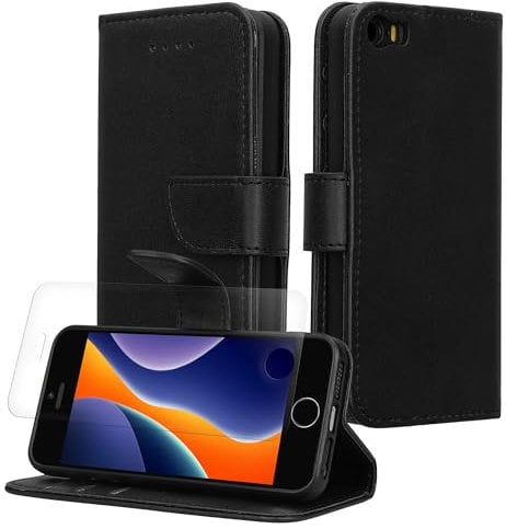 kwmobile PU Faux Leather Case Compatible with Apple iPhone SE (1.Gen 2016) / iPhone 5 / iPhone 5S - Wallet Case with Screen Protector - Black
