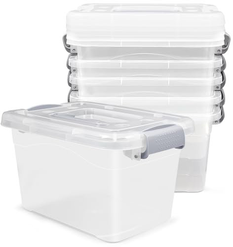 ASMIZ 6 Pack 10L Plastic Storage Box with Lid, Clear Storage Organizer Bins with Latching Handle, 27 x 20 x 16.5 cm Stackable Storage Boxes, Multipurpose Storage Box for Home, Office, Accessories