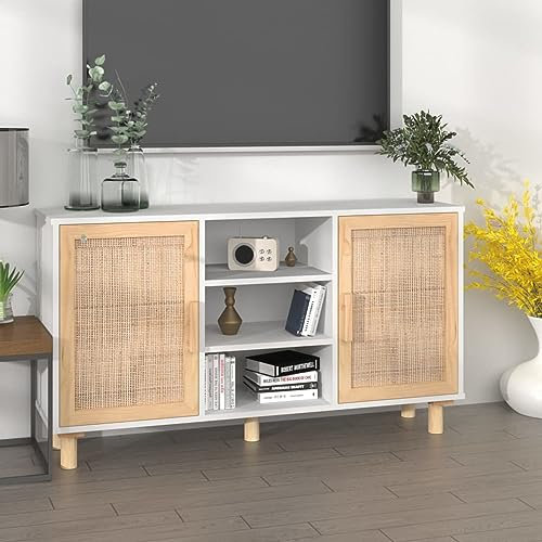Massivholz Kiefer und Natur Rattan Sideboard Schrank Wohnzimmerschrank Küche Weiß 105x30x60cm