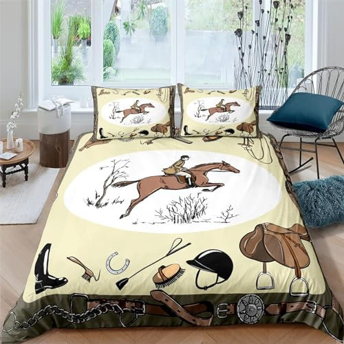 Luowenji Bettwäsche 155x200 Reiter Bettwäsche-Sets 3D Reiten Bettbezug 155x200 3 Teilig Bettbezüge Weiche Mikrofaser und 2 Kissenbezug 80x80 mit Reißverschluss a-4245