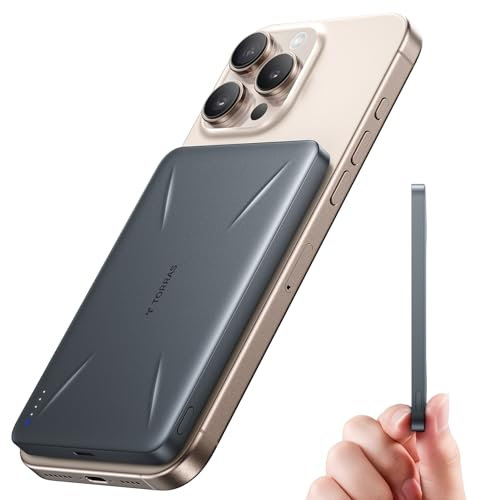 TORRAS Ultra Slim MagPro für MagSafe Power Bank, Wireless Magnetische Powerbank 5000mAh mit USB-C Schnell Aufladende,Externer Akku für iPhone 16 Pro Max/15/14/13/12 Serie