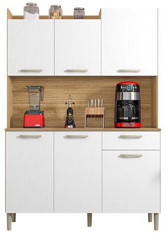 ACTUAL DIFFUSION Buffet de Cuisine 6 Portes 1 Tiroir Chêne et Blanc L 121.5 H 176 P 36.3 cm