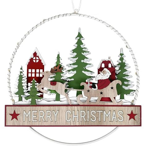 TIENDA EURASIA – Aro Colgante Merry Christmas con 9 Luces LED | Decoración Navidad | 20x20x1.6 cm | Hierro y Madera | Natural, Rojo, Verde y Blanco | Adorno Puerta Navidad | 2 Pilas de Botón de Litio