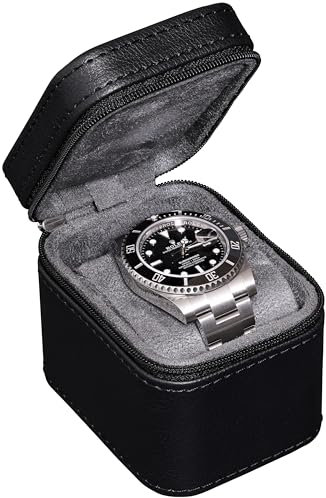 ROTHWELL Reiseetui für Einzeluhren, kompakte PU-Leder-Schutzhülle mit Mikrovelours-Innenseite, passend für Uhren und Smartwatches bis 55 mm (Schwarz/Grau)