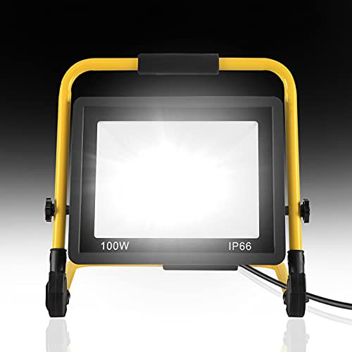 YRHome 100W LED Baustrahler Baustellen Arbeitsleuchte 8500LM Kaltweiß LED Strahler Austellenlampe Floodlight inkl. Standgestell & 3m Netzkabel Flutlicht IP66 Wasserdicht für Garage Werkstatt Baustelle