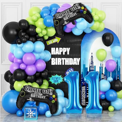 11th Birthday Video Game Balloons Arch, 11th Game Party Balloon Garland Kit 11 Boys Birthday Supplies with Blue Number 11 Foil Balloons for 11 Year Old Teens Boys Party Decor