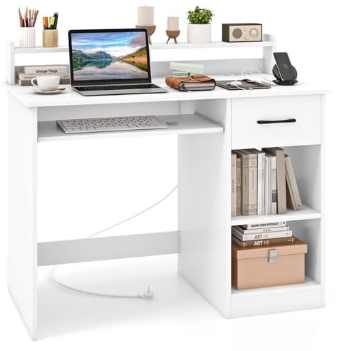 COSTWAY Scrivania per Computer con 2 Prese di Corrente e Prese USB, Scrivania Ufficio con Cassetto e Ripiano Estraibile per Tastiera, Scrivania Gaming con Ripiano Regolabile, 105 x 55 x 89 cm, Bianco