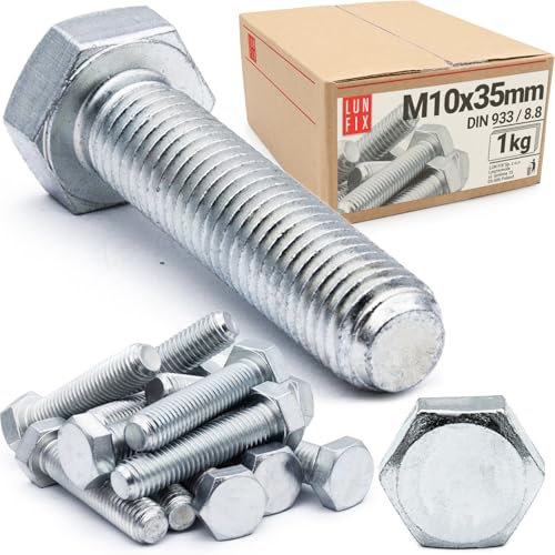 M10 x 35 mm Sechskantschrauben 1 kg (ca.33 Stk.) DIN 933 Maschinenschrauben FK 8.8 Vollgewinde verzinkter Stahl Gewindeschrauben mit sechseckigem Kopf