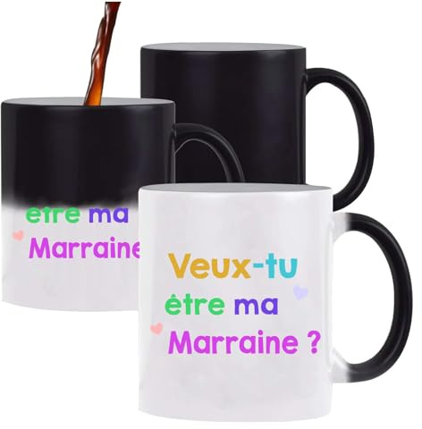 Planetee Mug magique Veux-tu être ma Marraine | Tasse qui change de couleur Originale Surprise Cadeau Annonce Grossesse naissance, demande marraine Baptême Cérémonie laïque Filleul Filleule
