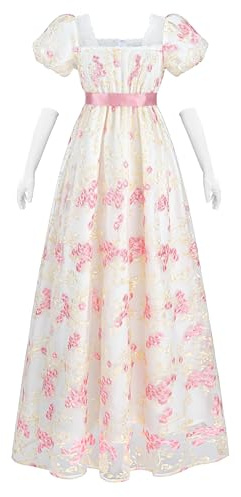 NSPSTT Women Regency Dresses Puff Sleeves Empire Waist Victorian Dresses Tea Party Gown Vintage Dress Empire Waist Dress Victorian Abendkleid with Gloves