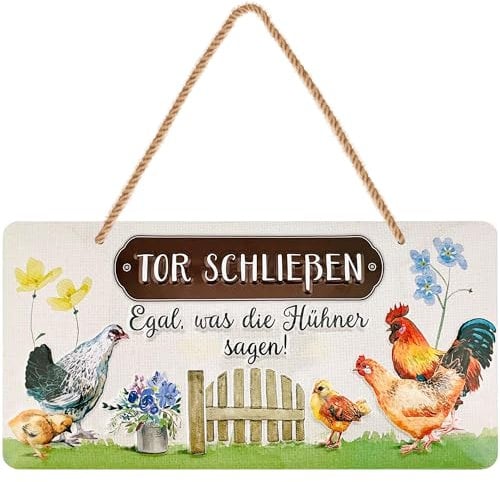 LANOLU Blechschild Hühnerstall Schild- Hühner Schild TOR SCHLIESSEN EGAL WAS DIE HÜHNER SAGEN- Hühner Deko Geschenk als Hühnerstall Zubehör und Wanddeko Metallschild mit Jutekordel 16x32cm