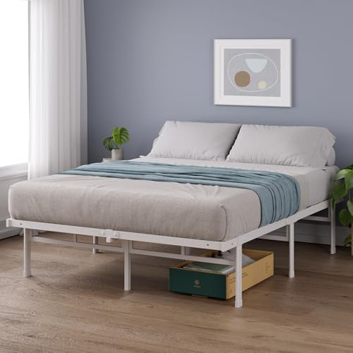 ZINUS Justin Double Bed frame - Bed 135x190 cm - 36cm Height - Metal bed frame with Underbed storage and steel slat support - White Color