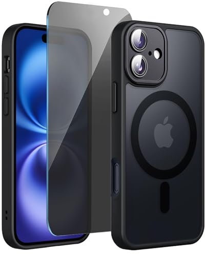 for iPhone 16 Case and Privacy Screen Protector Compatible with Magsafe Anti-Fingerprint Translucent Shockproof Military Grade Drop Protection (Black)