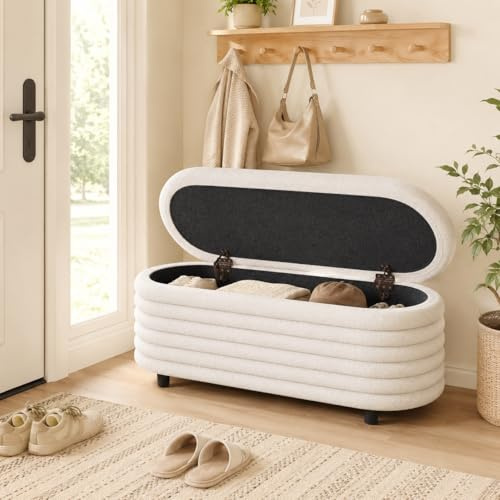 Guyii Sitzbank mit Stauraum aus Lammfellimitat – Beige Polsterbank fürs Schlafzimmer, Bettbank & Bank mit Stauraum – Weiche Sitzbank Schlafzimmersitzbank, Polsterbank mit Stauraum modern