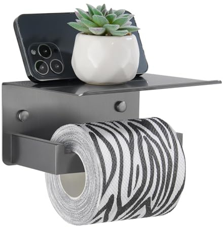 APLusee Toiler Paper Holder with Shelf, Gunmetal Gray, 304 Stainless Steel | Rust-resistant for Bathroom, Restroom, Powder Room, Functional Tissue Holder for Paper Roll & Phone Storage, Wall Mounted