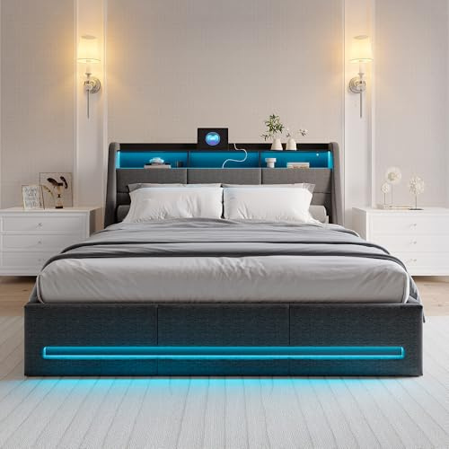 Bett Bettkasten 140x200 cm,Polsterbett Doppelbett mit LED,Stauraumbett gepolstert Hydraulisch Stauraumbettmit USB-Anschluss,Funktionsbett mit Truhe,Doppelbett Jugendbett mit Stauraum (Grau+Leinen-1)