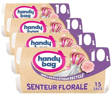 Handy Bag - Sacs poubelle salle de bains à poignées coulissantes senteur florale 10L x 15 sacs - Adapté aux petites poubelles - Étanchéité maximale - Fond anti-fuite - 100% plastique recyclé