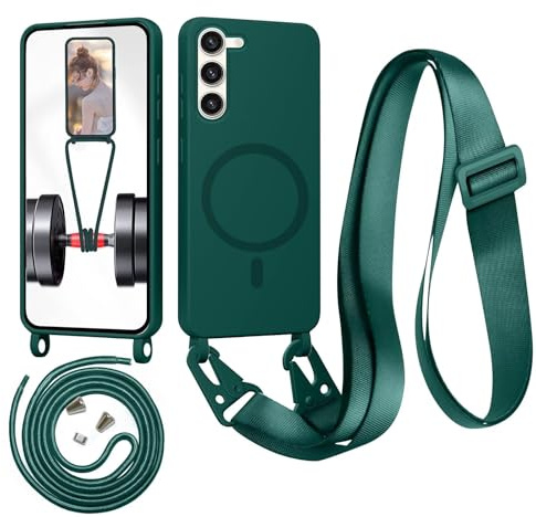 Belzsxy Magnétique Coque pour Samsung Galaxy S23 avec Cordon,Compatible avec MagSafe,Etui Silicone Liquide Housse Fine Antichoc, Réglable Collier Lanière Étui Portable Lanyard Case,Vert
