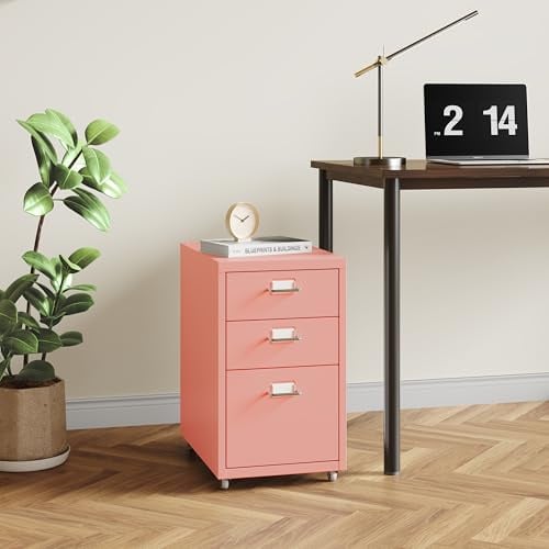 [en.casa] Rollcontainer Kökar Schubladenschrank Metall Aktenschrank mit 3 Schubladen Bürowagen mit Rollen für Arbeitszimmer 48 x 28 x 41 cm Rosa