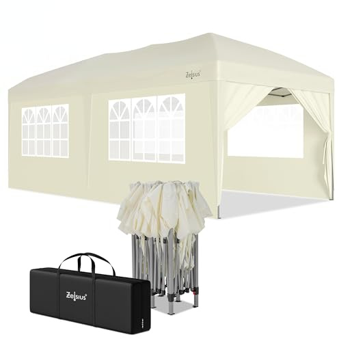 Zelsius Faltbarer Pavillon 3x6 m mit Seitenwänden | Beige | Pop-Up Faltpavillon UV30, Gartenzelt faltbar, Klapp Partyzelt mit Seitenwänden | Unterstand für Garten, Sonnenschutz, Gartenpavillon