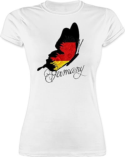 Shirt Damen - Fußball EM WM - Germany Schmetterling - L - Weiß - Deutschland-t-Shirt fußballtrikot Europameisterschaft deutsch Tshirt Deutschland-Fanartikel wm-Shirts Fussball deutsche t-Shirt