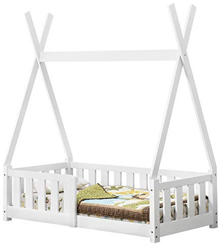 [en.casa] Kinderbett Helsingborg 70 x 140 cm mit Rausfallschutz Lattenrost Tipi Zelt Jugendbett Bettgestell Kiefernholz Holzbett für Kinder Weiß