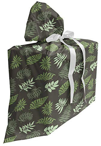 ABAKUHAUS Leaves Gift Bag, Palm Tree Elements Foliage Composition Exotic Illustration, Reusable Fabric Party Favor Pouch with 3 Ribbons, 27 X 32, Olive Green Dark Green