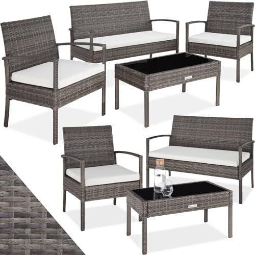 TecTake® Conjunto Jardín Exterior de Ratán y Aluminio, Muebles Jardín Exterior Resistente a la Intemperie, 2 Sillones, 1 Sofá, 1 Mesa Cristal, con Cojines de 5,5 cm y 1 Juego de Fundas - Gris