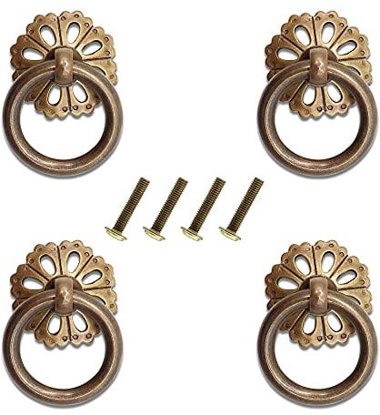 KSTEU Vintage Ring Pull Cabinet Knobs, 4 pcs Hollow Antique Brass Pull Handles for Cabinet, Drawer, Gates, Wardrobe, Cupboard