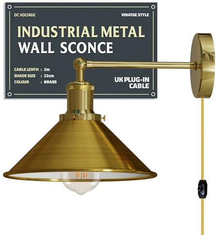DC VOLTAGE Industrial Indoor Retro Modern Plug in E27 Wall Light with 2m Plug in Cable Cord with Dimmer Switch Bedside Lamp with Dimmer Switch, Indoor Reading Bedside Lamp