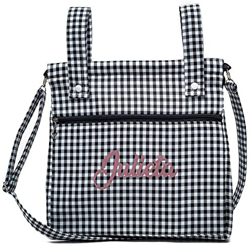 Bolsa panera de algodón vichy personalizada con nombre bordado - Bolso carro - Talega carrito de bebé - Nenel (Negro)