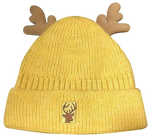 Herbests Damen Weihnachtsmütze Strickmütze Wintermütze Mütze mit Geweih Wollmütze Unisex Weihnachts Gestrickte Mütze Warme Beanie Hat Häkelmütze Hut Weihnachtshüte Geschenk für Männer Frauen Gelb