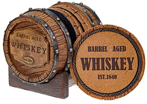 Pine Ridge Whiskey Barrel 5pcs Drink Coaster with Holder, Barrel Aged Whiskey Est. 1840 Unique Bar Decor & Accessories, Beer & Whiskey Glass Coaster - Modern Home Decorations for Kitchen and Dining